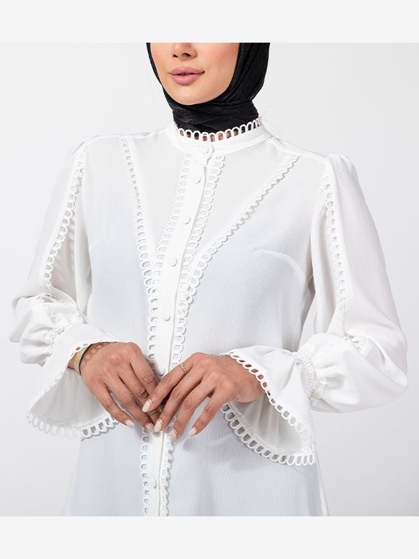 شومیز زنانه کریشه مجلسی یقه ایستاده نوار دوزی شده آستین پفی کلاسیک آذر