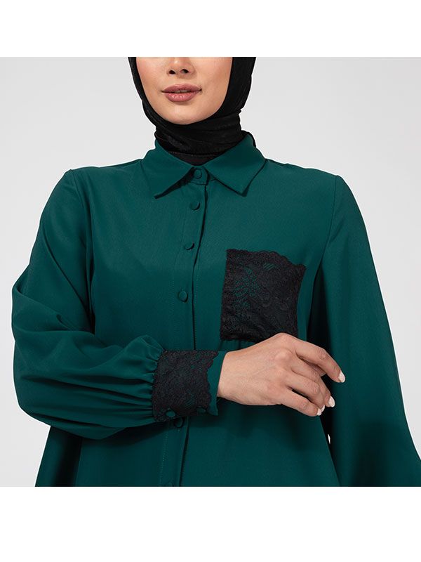 تونیک زنانه کرپ الیزه جیب دار گیپور کارشده یقه مردانه کلاسیک روشن