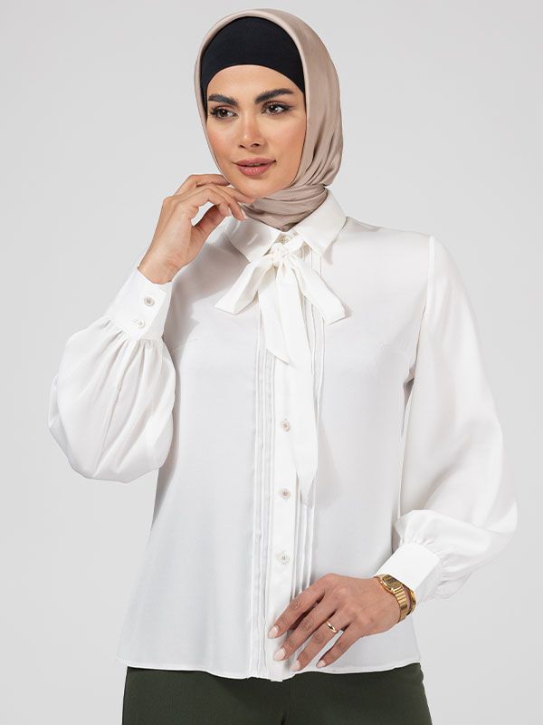 شومیز زنانه کرپ حریر یقه کرواتی نواز دوزی شده کلاسیک فرحناز
