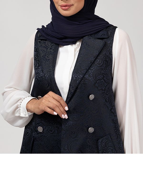 وست بلند زنانه ژاکارد مجلسی جیب نما یقه انگلیسی 70104