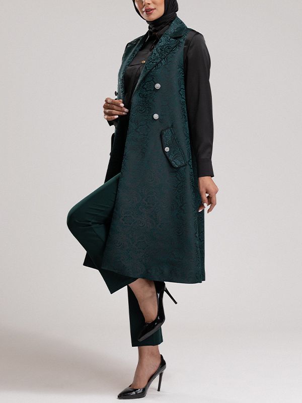 وست بلند زنانه ژاکارد مجلسی جیب نما یقه انگلیسی 70104