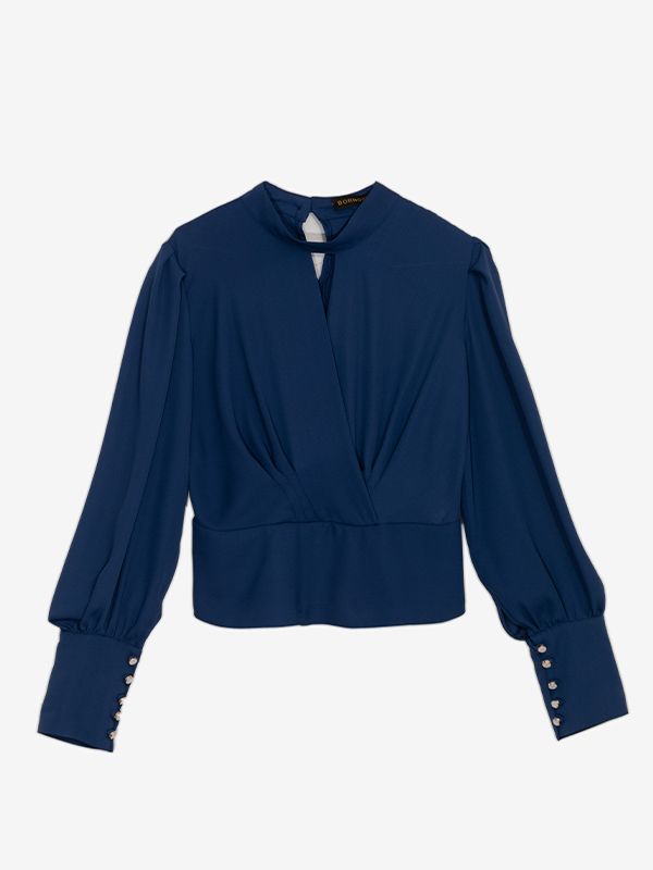 بلوز  مجلسی زنانه کرپ حریر یقه چپ راستی آستین پفی 40106