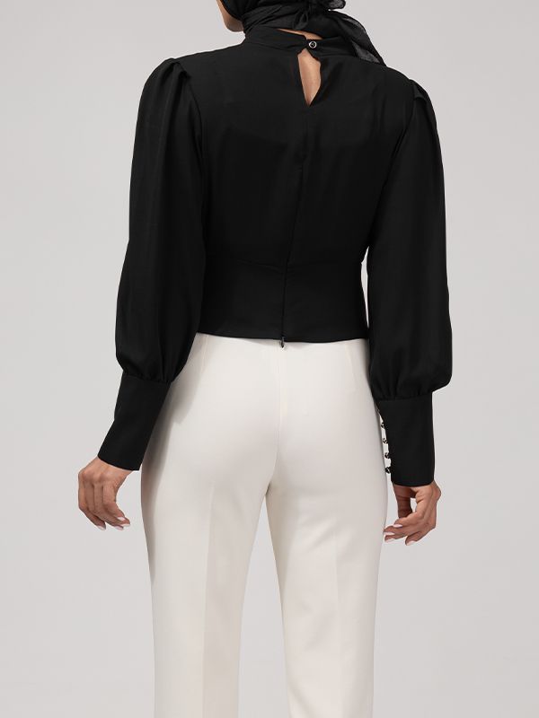 بلوز  مجلسی زنانه کرپ حریر یقه چپ راستی آستین پفی 40106