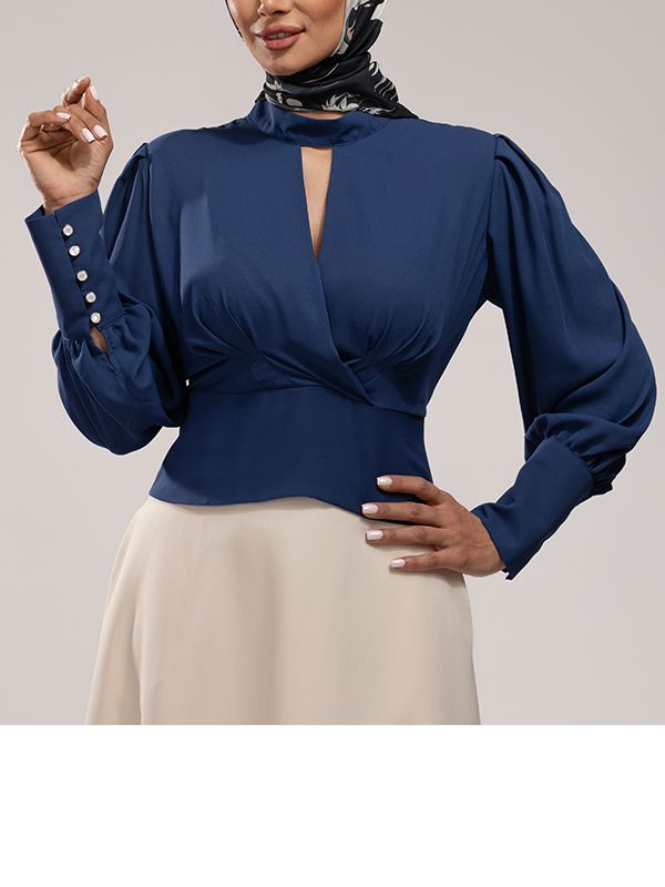 بلوز  مجلسی زنانه کرپ حریر یقه چپ راستی آستین پفی 40106