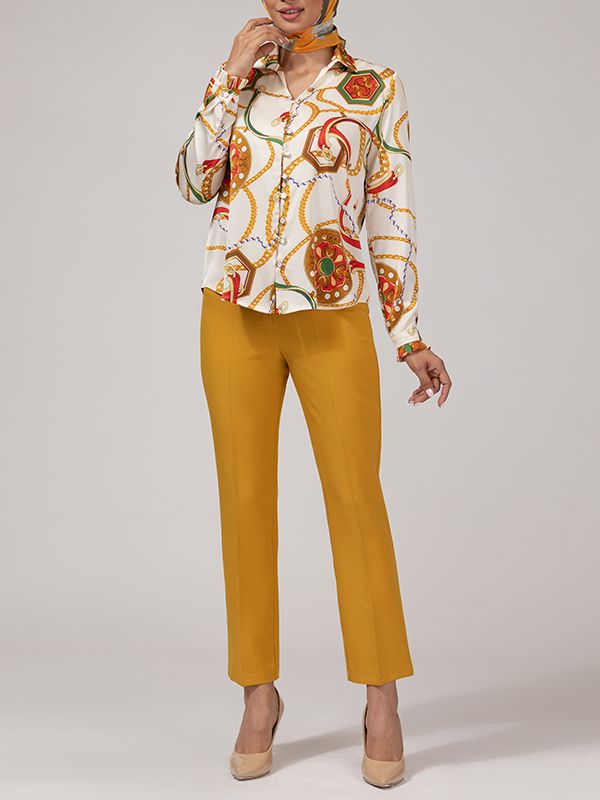 شومیز زنانه ساتن طرح دار یقه هفت آستین بلند 30109