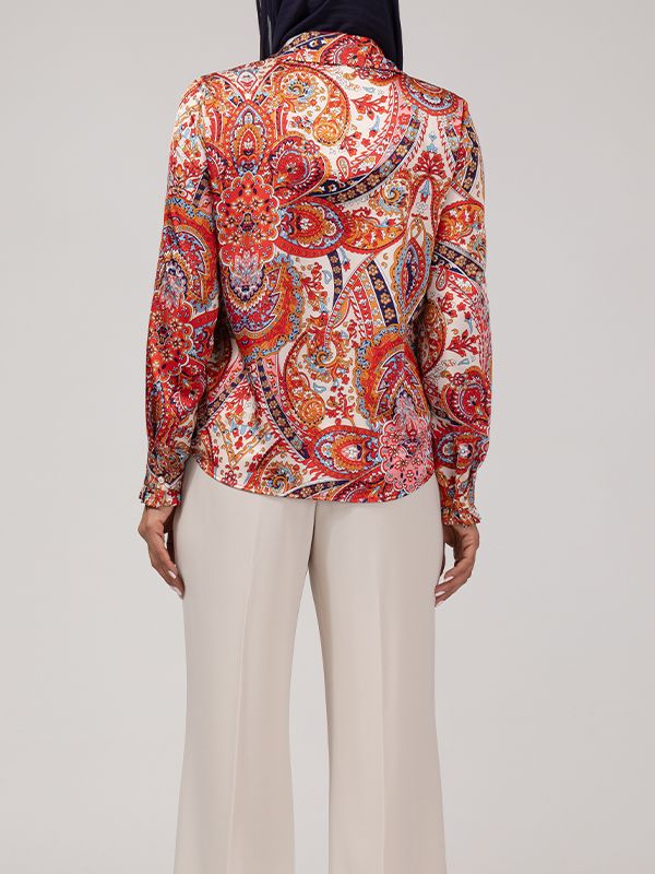 شومیز زنانه ساتن طرح دار یقه هفت آستین بلند 30109