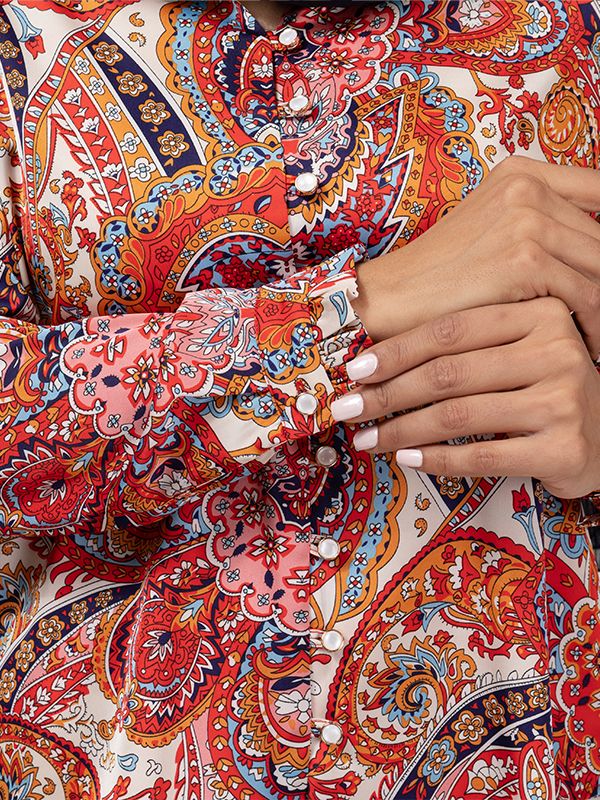 شومیز زنانه ساتن طرح دار یقه هفت آستین بلند 30109