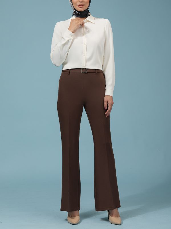 شلوار زنانه کرپ دمپا گشاد کلاسیک دارای کمربند 10104