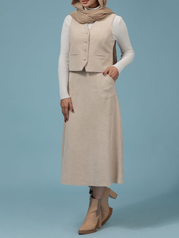 دامن زنانه مخمل کله قندی میدی جیب دار 20108