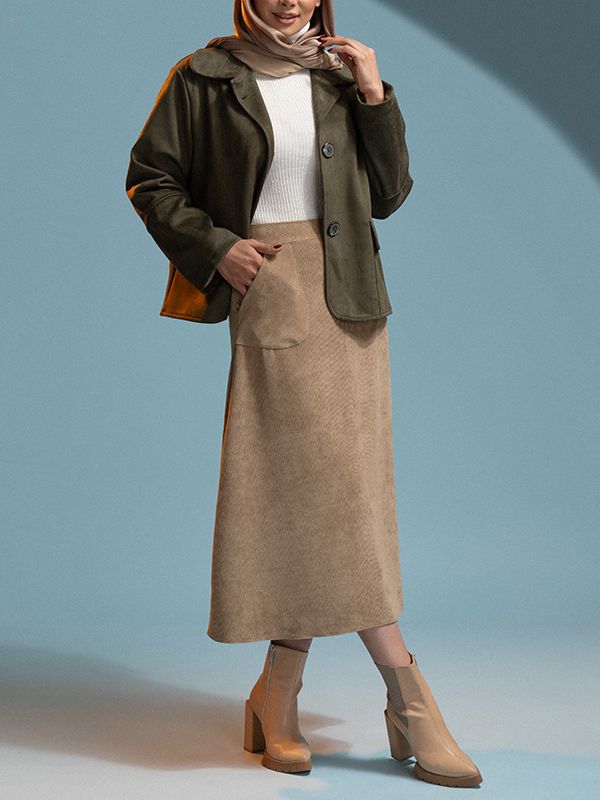 دامن زنانه مخمل کله قندی میدی جیب دار 20108