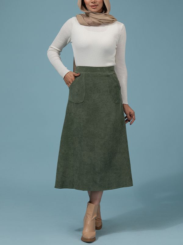 دامن زنانه مخمل کله قندی میدی جیب دار 20108