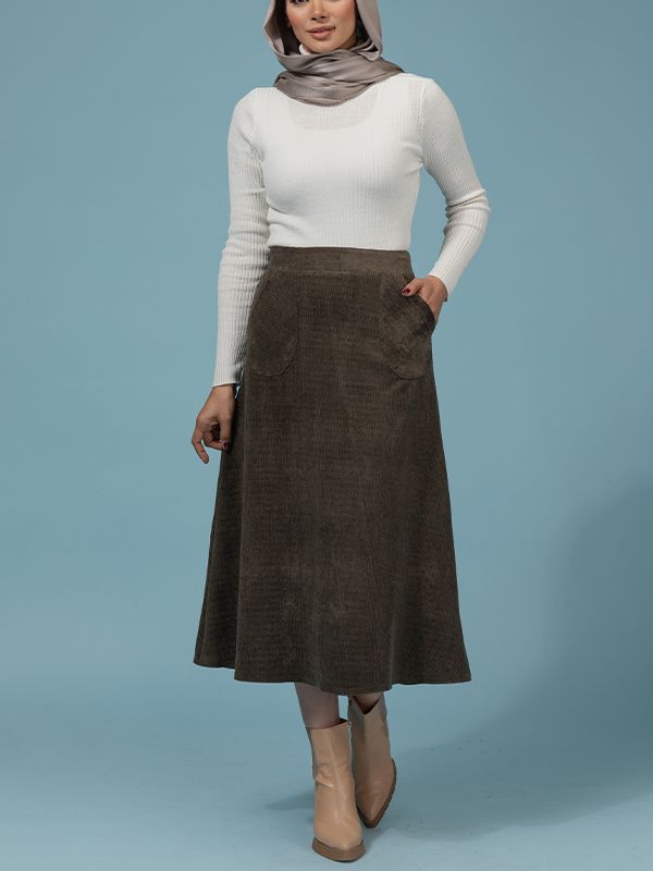 دامن زنانه مخمل کله قندی میدی جیب دار 20108