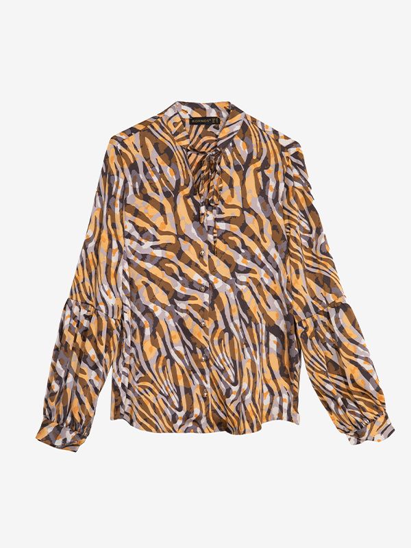 شومیز زنانه ساتن طرحدار مجلسی یقه گره ای 30108