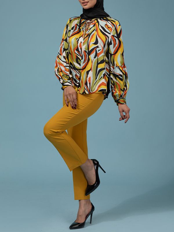 شومیز زنانه ساتن طرحدار مجلسی یقه گره ای 30108