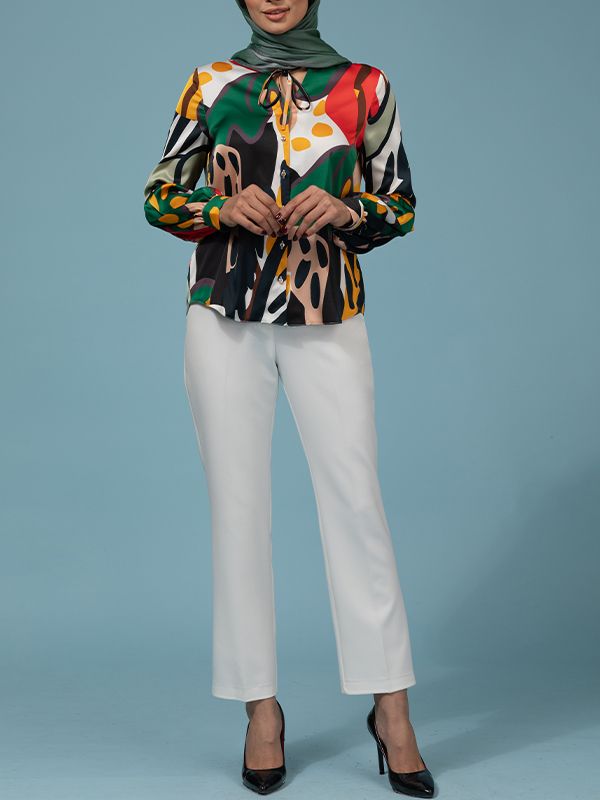 شومیز زنانه ساتن طرحدار مجلسی یقه گره ای 30108