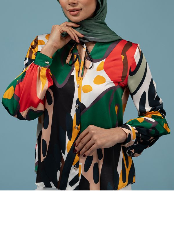 شومیز زنانه ساتن طرحدار مجلسی یقه گره ای 30108