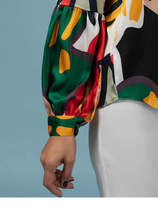 شومیز زنانه ساتن طرحدار مجلسی یقه گره ای 30108