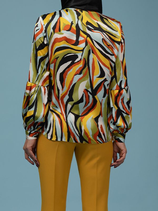 شومیز زنانه ساتن طرحدار مجلسی یقه گره ای 30108